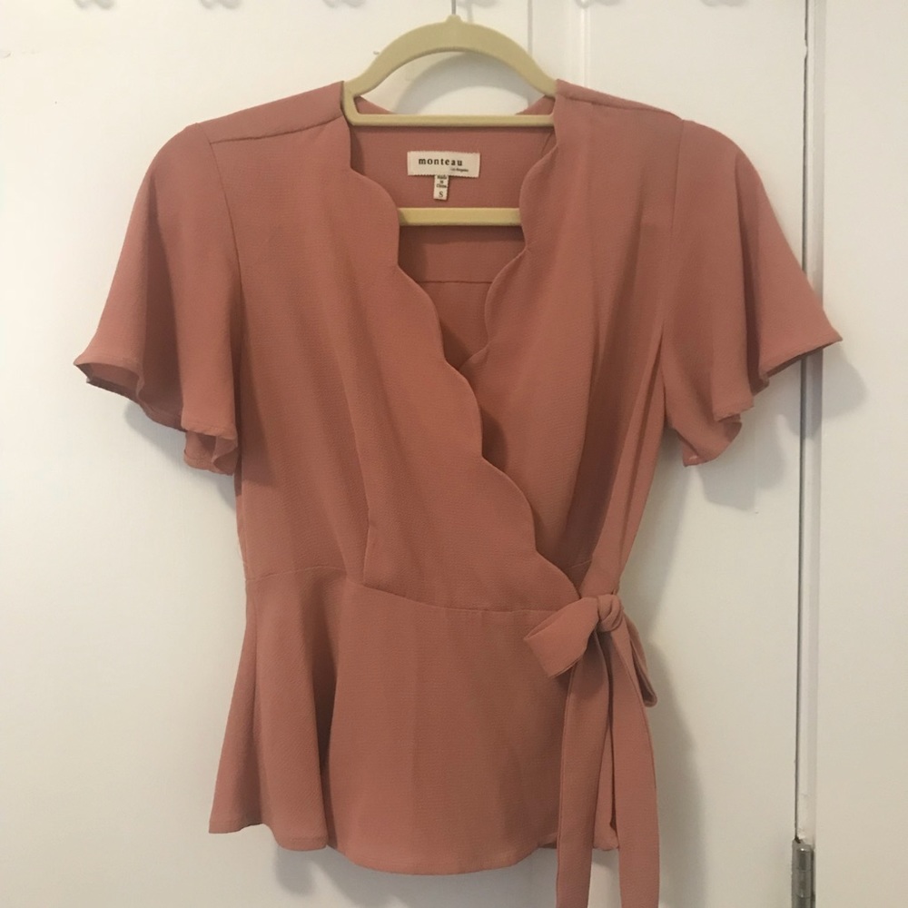 Taupe/Blush Scalloped Wrap Blouse with Bow
